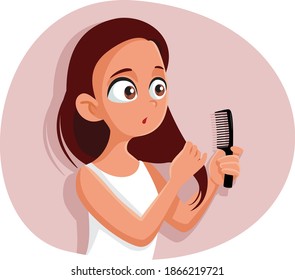 Funny Teen Girl Combing Her Hair Vector Cartoon. Teenager worried about damaged frizzy hair thinking of a trim
