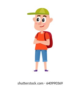 Funny teenage boy tourist with backpack wearing shorts and baseball cap, cartoon vector illustration isolated on white background. Full length portrait of boy, student, traveling on vacation