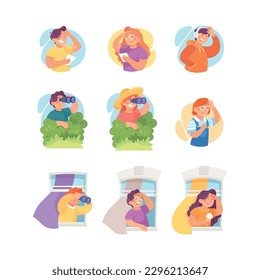 Funny Teenager Character Looking Into the Distance with Binoculars and Hand at Forehead Vector Illustration Set