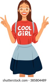 funny teenager girl with glasses shows a finger victory sign