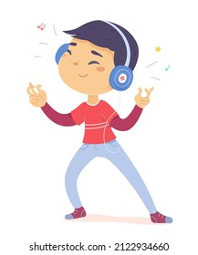 Funny teenager listening fun music vector illustration. Cartoon young cute guy enjoying disco dance music with headphones, happy student with earphones dancing to favorite song isolated on white