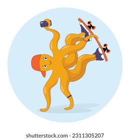 Funny teenager octopus in baseball cap and sneakers rides skateboard. Vector illustration of little boy octopus with phone. Hand draw cute sea animal plays sports.