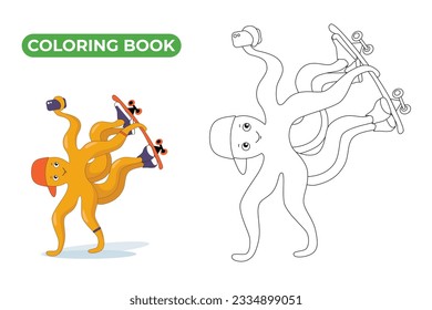 Funny teenager octopus in baseball cap and sneakers rides skateboard. Vector illustration of little boy octopus with phone. Hand draw cute sea animal plays sports. Coloring book doodle style.