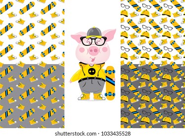 Funny teenager pig wearing in the  sweatshirt, sneakers and sunglasses. Vector seamless patterns, backgrounds with sneakers. Hipster, sport style