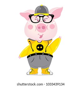 Funny teenager pig wearing yellow sweatshirt and sneakers. Hipster sport style. Vector illustration