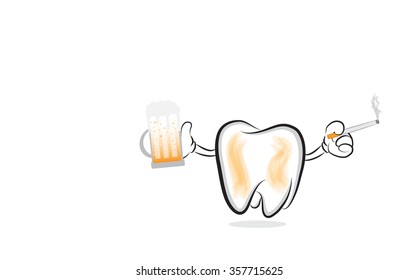 Funny teeth with beer and cigarette as concept for bad oral care. Vector illustration