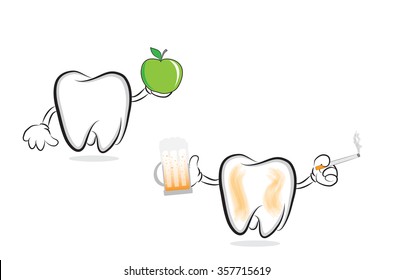 Funny teeth with beer, cigarette and with green apple as concept for oral care. Vector illustration