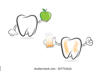Funny teeth with beer and with green apple as concept for oral care. Vector illustration