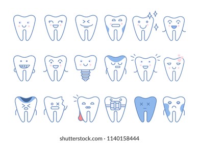 Funny teeth characters with different emotions set, dentistry and treatment vector Illustrations on a white background