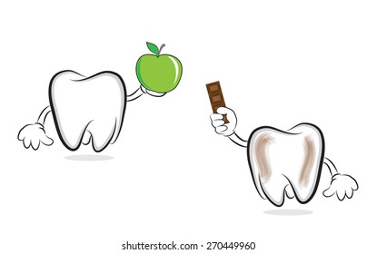Funny teeth with chocolate bar and with green apple as concept for oral care