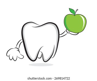 Funny teeth with green apple as concept for oral care