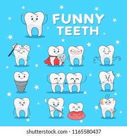 Funny teeth icon set. Dental cute characters, face of laughter and amusement, humorous stomatology. Vector flat style teeth cartoon illustration isolated on blue background