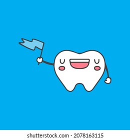 Funny Teeth mascot holding Flag illustration. Vector graphics for sticker prints and other uses.