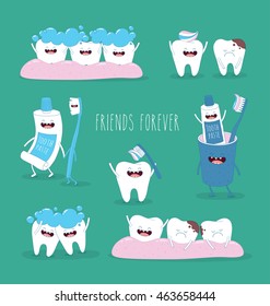 Funny teeth set consisting of toothpaste and toothbrush who are friends forever. Vector illustration. You can use in the menu, in the shop, in the bar, the card or stickers.