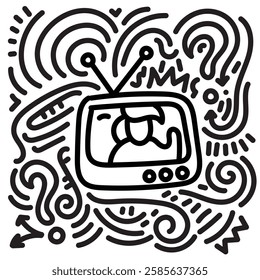 Funny television black and white doodle. Simple illustration. Hand drawn doodle for sticker, postcard, wallpaper, mural, fabric, prints, wall decor, clothing, etc