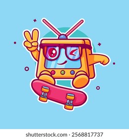 funny television character mascot playing skateboard isolated cartoon	