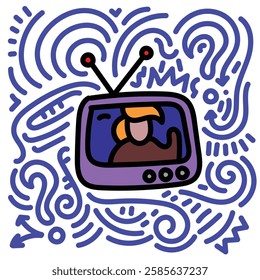 Funny television colorful doodle. Simple illustration. Hand drawn doodle for sticker, postcard, wallpaper, mural, fabric, prints, wall decor, clothing, etc