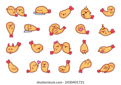 Funny tempura shrimp characters. Cute cartoon japanese food. Hand drawn style. Vector drawing. Collection of design elements.