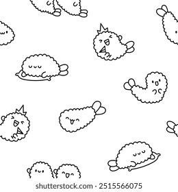 Funny tempura shrimp characters. Seamless pattern. Coloring Page. Cute cartoon japanese food. Hand drawn style. Vector drawing. Design ornaments.