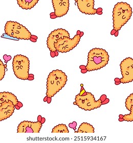 Funny tempura shrimp characters. Seamless pattern. Cute cartoon japanese food. Hand drawn style. Vector drawing. Design ornaments.