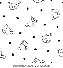 Funny tempura shrimp characters. Seamless pattern. Coloring Page. Cute cartoon japanese food. Hand drawn style. Vector drawing. Design ornaments.