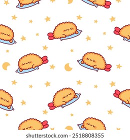 Funny tempura shrimp characters. Seamless pattern. Cute cartoon japanese food. Hand drawn style. Vector drawing. Design ornaments.