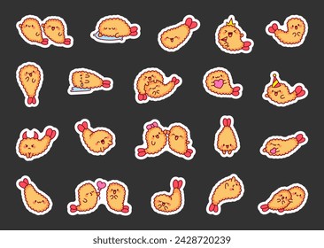 Funny tempura shrimp characters. Sticker Bookmark. Cute cartoon japanese food. Hand drawn style. Vector drawing. Collection of design elements.