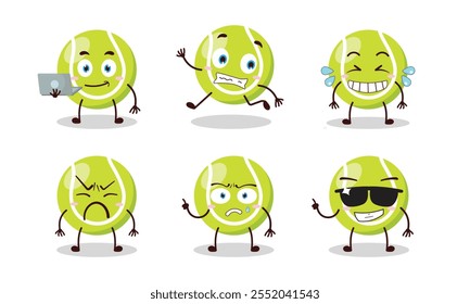 funny tennis ball cartoon character with many pose activity design illustration