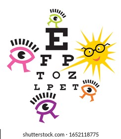 

Funny testing eyesight.
Sun as an eye doctor, eye symbols, optometric test. Vector 