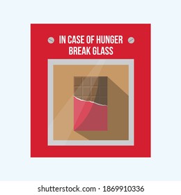 funny text in case of hunger break glass vector. chocolate bar flat design cartoon isolated in red box background. concept hungry snack bar. creative sweets or food. sugar and fat addiction emergency