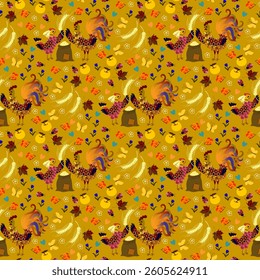 Funny textile pattern with roosters and hens harvesting wheat on a golden background. Seamless fairy tale animal print for baby fabric. Bed linen, curtains, tablecloth.