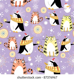 funny texture with cats and penguins