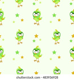 Funny texture with comic green bird and stars. Childish vector seamless pattern for wallpaper design.