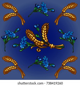 Funny texture flowers cornflower and ripe grains on a blue background. Sketch for card, texture for wrapping paper on theme of nature. Cartoon vector close-up illustration.