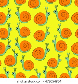 Funny texture with snail shell on the yellow background. Perfect seamless pattern for cover, card, textile and interior design. Stock vector illustration. 