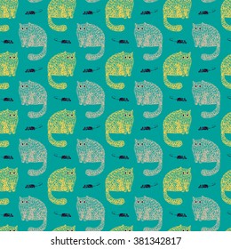 Funny textured hand drawn by colored crayons ats background with fat nice cats and mouses. Abstract cartoon seamless pattern with doodle linear animals in vector