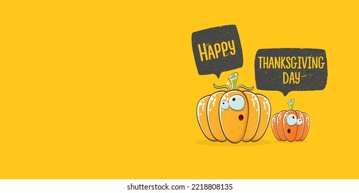 Funny Thanksgiving day horizontal banner with vector funny cartoon cute smiling friends pumpkins isolated on orange background. Thanksgiving day cute banner and label design template with pumpkins