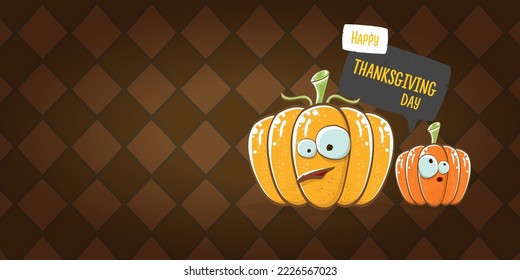 Funny Thanksgiving day horizontal banner with vector funny cartoon cute smiling friends pumpkins isolated on brown background. Thanksgiving day cute banner and label design template with pumpkins