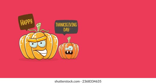 Funny Thanksgiving day horizontal banner with vector funny cartoon cute smiling friends pumpkins isolated on pink background. Thanksgiving day cute banner and label design template with pumpkins