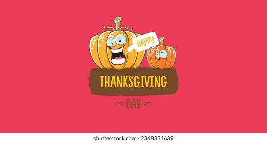 Funny Thanksgiving day horizontal banner with vector funny cartoon cute smiling friends pumpkins isolated on pink background. Thanksgiving day cute banner and label design template with pumpkins