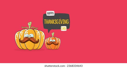 Funny Thanksgiving day horizontal banner with vector funny cartoon cute smiling friends pumpkins isolated on pink background. Thanksgiving day cute banner and label design template with pumpkins