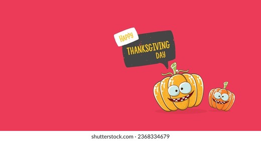 Funny Thanksgiving day horizontal banner with vector funny cartoon cute smiling friends pumpkins isolated on pink background. Thanksgiving day cute banner and label design template with pumpkins