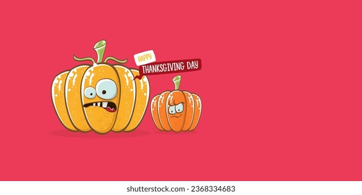 Funny Thanksgiving day horizontal banner with vector funny cartoon cute smiling friends pumpkins isolated on pink background. Thanksgiving day cute banner and label design template with pumpkins