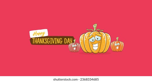 Funny Thanksgiving day horizontal banner with vector funny cartoon cute smiling friends pumpkins isolated on pink background. Thanksgiving day cute banner and label design template with pumpkins