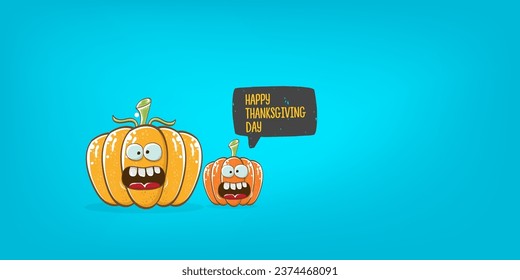 Funny Thanksgiving day horizontal banner with vector funny cartoon cute smiling friends pumpkins isolated on cyan background. Thanksgiving day cute banner and label design template with pumpkins