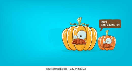 Funny Thanksgiving day horizontal banner with vector funny cartoon cute smiling friends pumpkins isolated on cyan background. Thanksgiving day cute banner and label design template with pumpkins