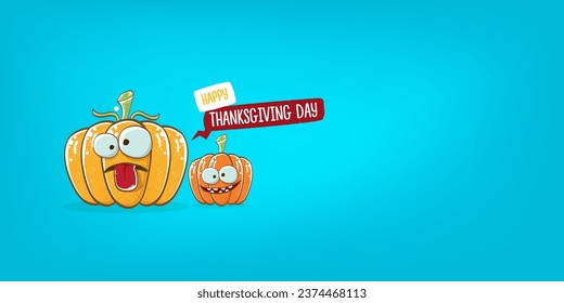 Funny Thanksgiving day horizontal banner with vector funny cartoon cute smiling friends pumpkins isolated on cyan background. Thanksgiving day cute banner and label design template with pumpkins