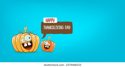 Funny Thanksgiving day horizontal banner with vector funny cartoon cute smiling friends pumpkins isolated on cyan background. Thanksgiving day cute banner and label design template with pumpkins