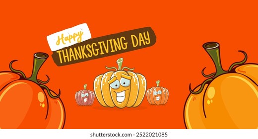 Funny Thanksgiving day wide banner with vector funny cartoon cute smiling friends pumpkins isolated on orange background. Thanksgiving day cute banner and label design template with pumpkins