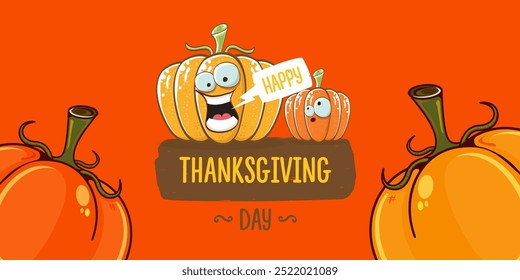 Funny Thanksgiving day wide banner with vector funny cartoon cute smiling friends pumpkins isolated on orange background. Thanksgiving day cute banner and label design template with pumpkins